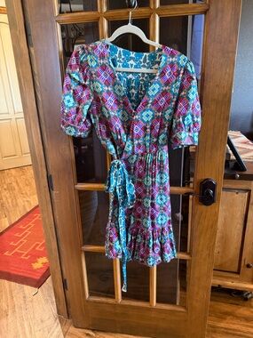 Boho Floral Reversible Wrap Dress in Teal & Pink
